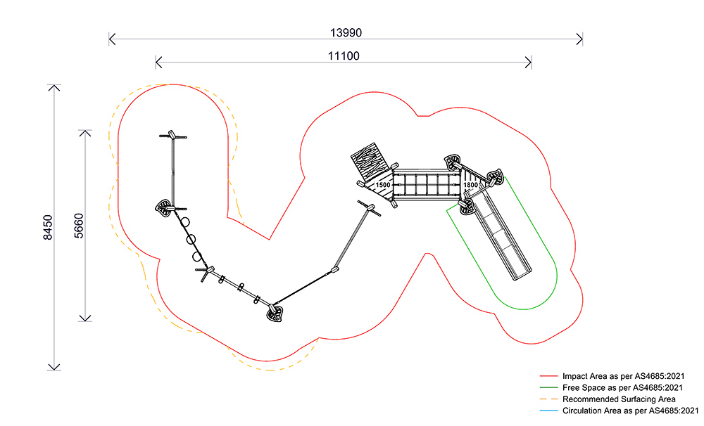 Top-down plan view of the AP7460A Tea Tree Combination Unit from the Native range, showing the combination unit connected to an agility trail, impact zones, circulation space, and overall footprint.
