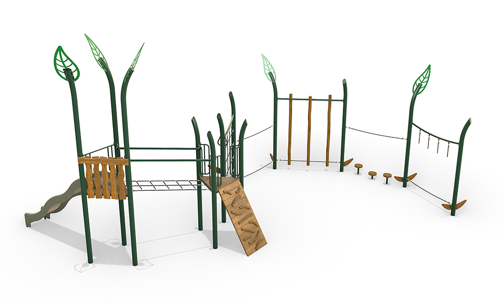 Alternate angle render of the AP7460A Tea Tree Combination Unit highlighting the combination play structure linked to agility trail elements, timber stepping features, climbing components, and native-inspired leaf details.