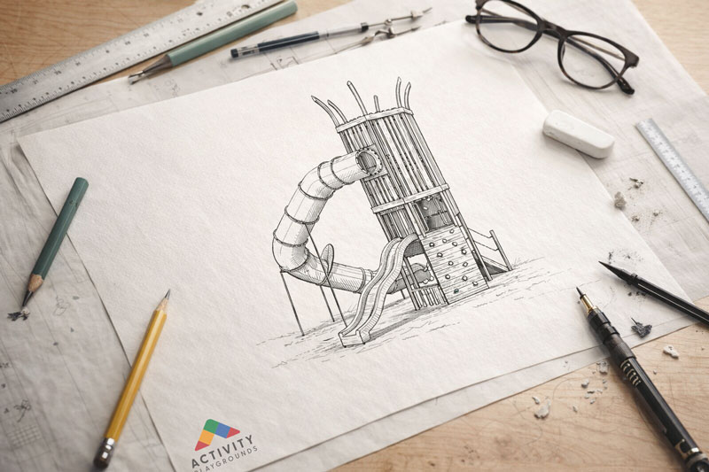Concept sketch of bird’s nest style playground nest swing showing structural frame, rope net seat and supporting posts