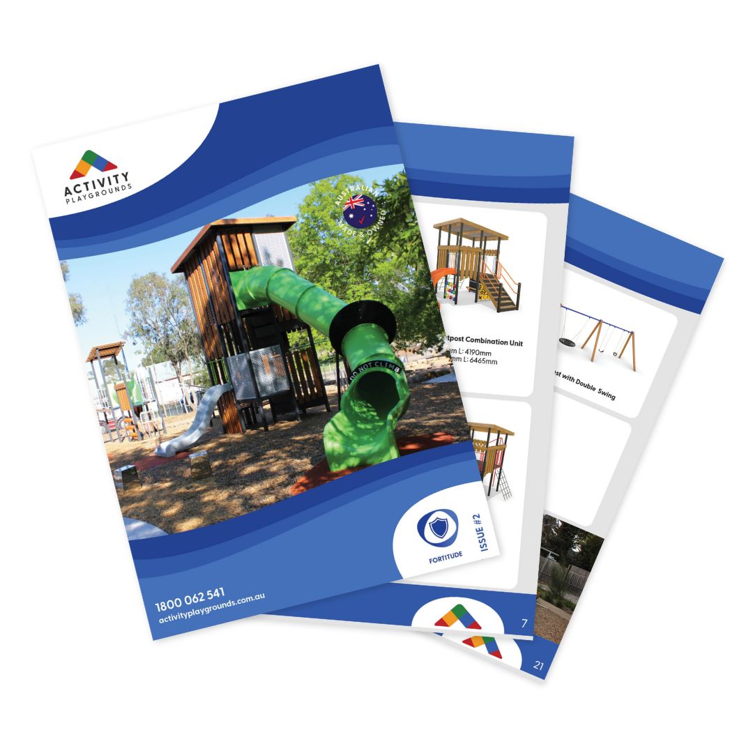Avicity Playgrounds Fortitude Playground Catalogue featuring steel and timber play equipment for schools and park projects