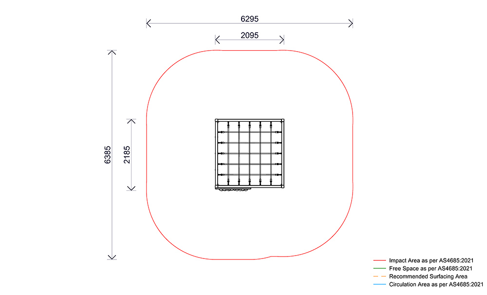 Timber Climbing Cube 2400 plan view showing safety fall zone, impact area and dimensions in accordance with AS4685 standards