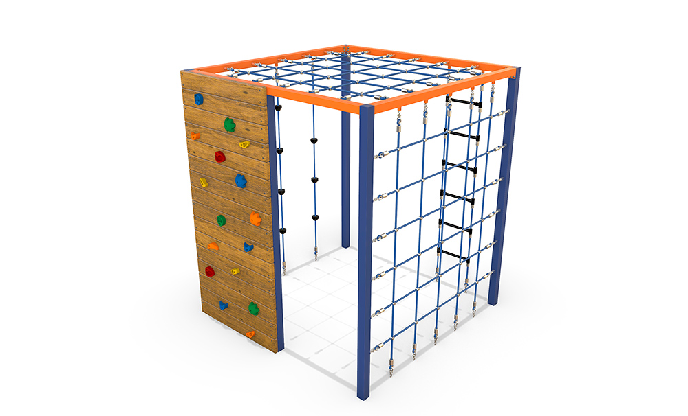 Timber Climbing Cube 2400 featuring rope climbing nets, vertical ropes, timber rock wall and overhead net for advanced strength, coordination and climbing progression