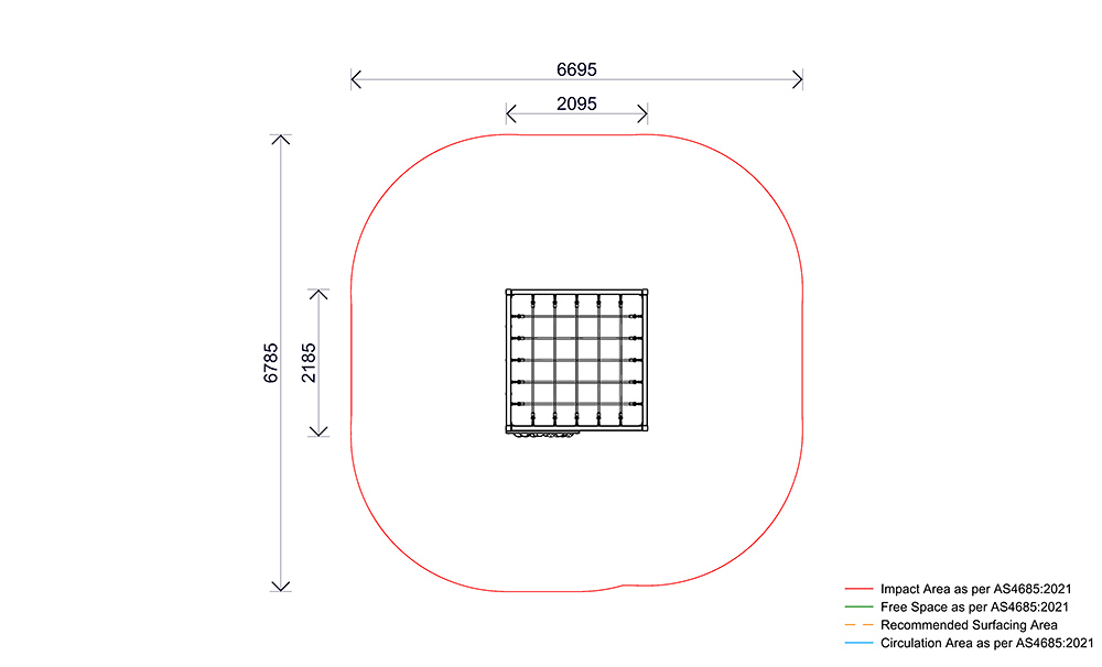 Timber Climbing Cube 2700 plan view showing safety fall zone, impact area and dimensions in accordance with AS4685 standards
