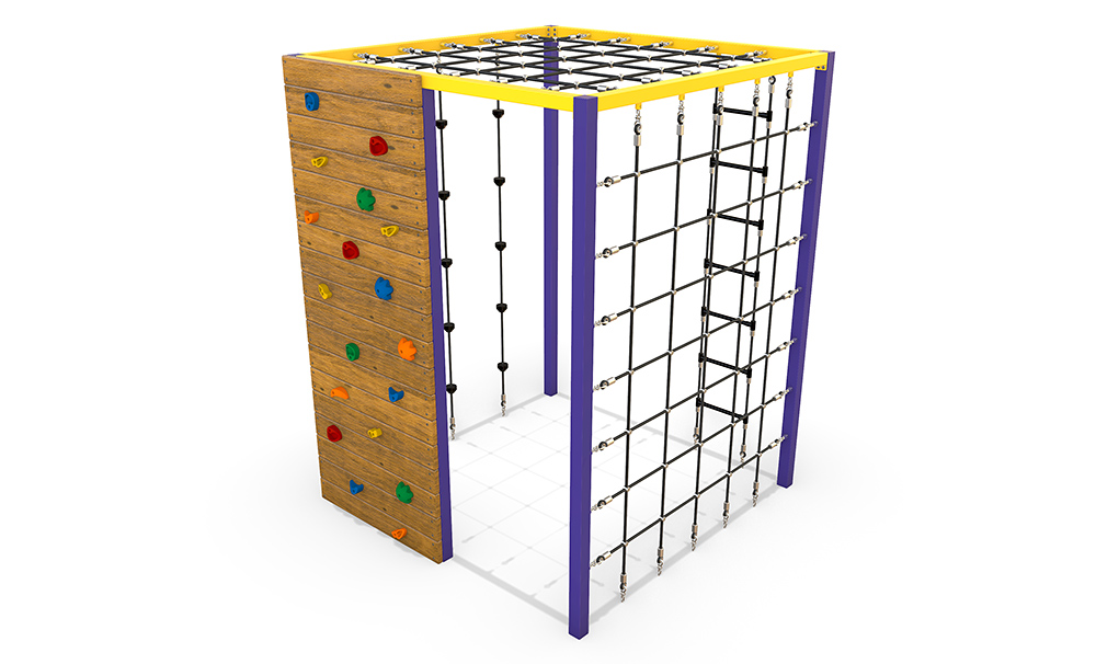 Timber Climbing Cube 2700 with rope climbing nets, vertical ropes, timber rock wall and overhead net for advanced strength, agility and high-level climbing challenge