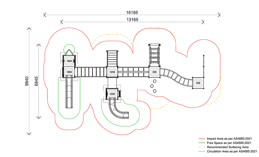 Plan view of the Elmhurst Combination Unit showing layout, elevated platforms, slides, bridges, agility elements and required impact zones.