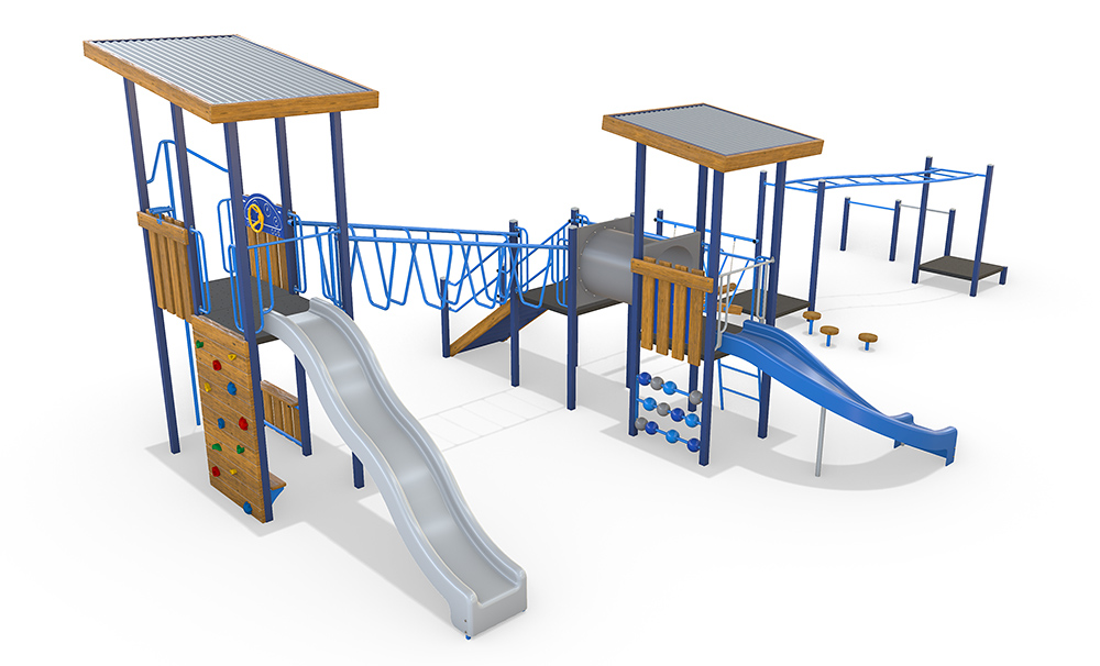 Elmhurst Combination Unit featuring dual towers with roofs, single slides at different heights, climbing wall, activity panels and connecting bridge elements.