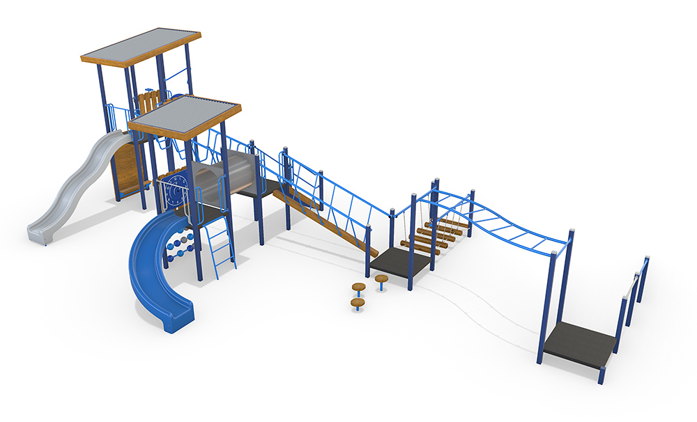Angled view of the Elmhurst Combination Unit highlighting tunnel connection, curved slide, balance stepping elements and integrated agility trail.