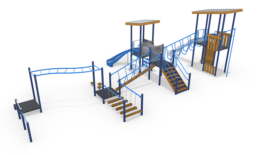 Side perspective of the Elmhurst Combination Unit showing elevated platforms, stair access, rope bridge and log walk balance elements.