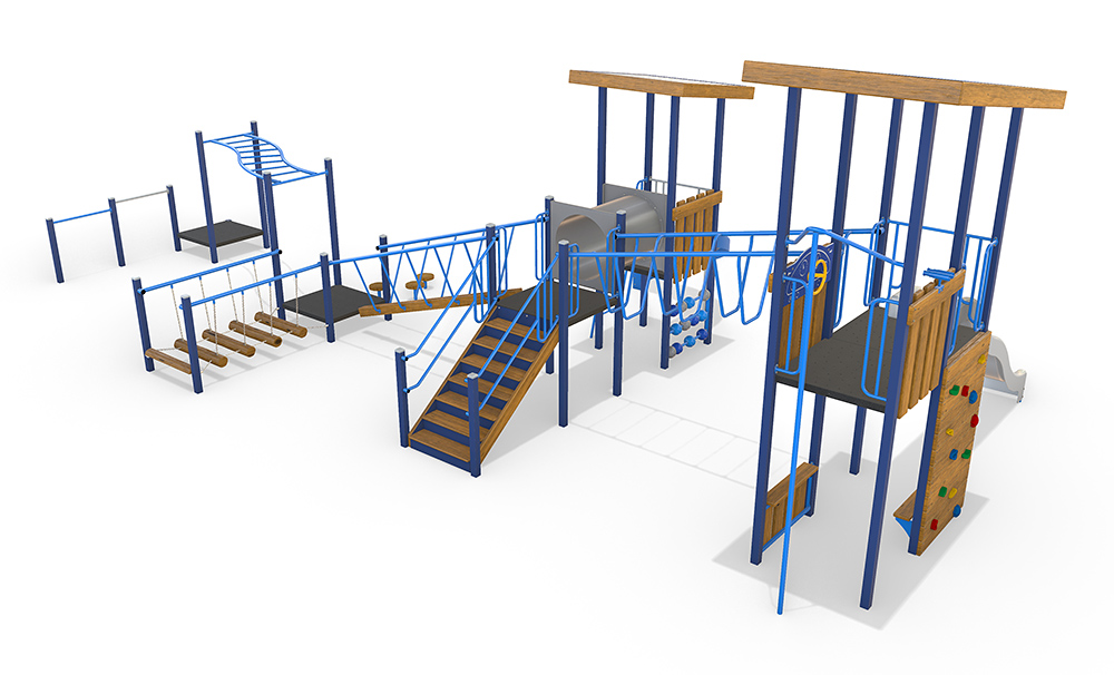 Elmhurst Combination Unit featuring dual towers with roofs, single slides at different heights, climbing wall, activity panels and connecting bridge elements.