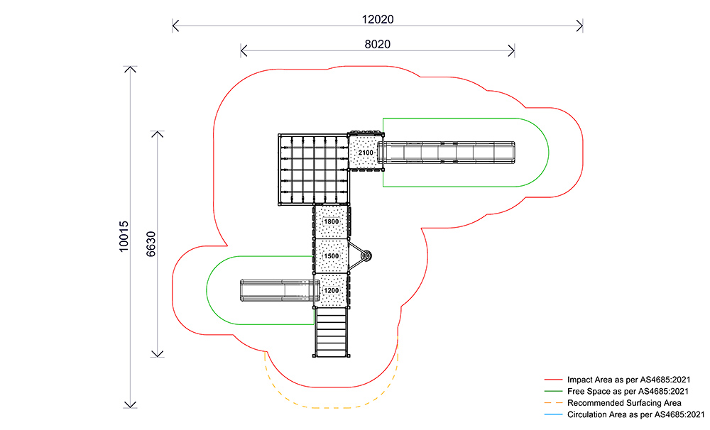 Plan view of the Munro Combination Unit showing layout, elevated platforms, climbing elements, slides and required impact zones.