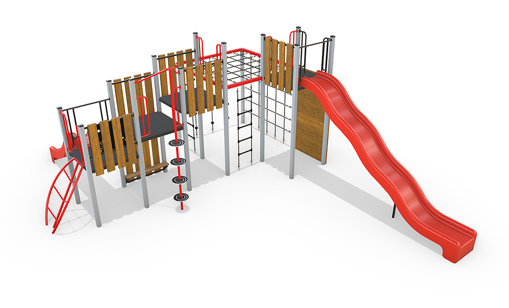 Munro Combination Unit featuring elevated platforms, climbing nets, vertical ladder and large slide designed for active, strength-based play.
