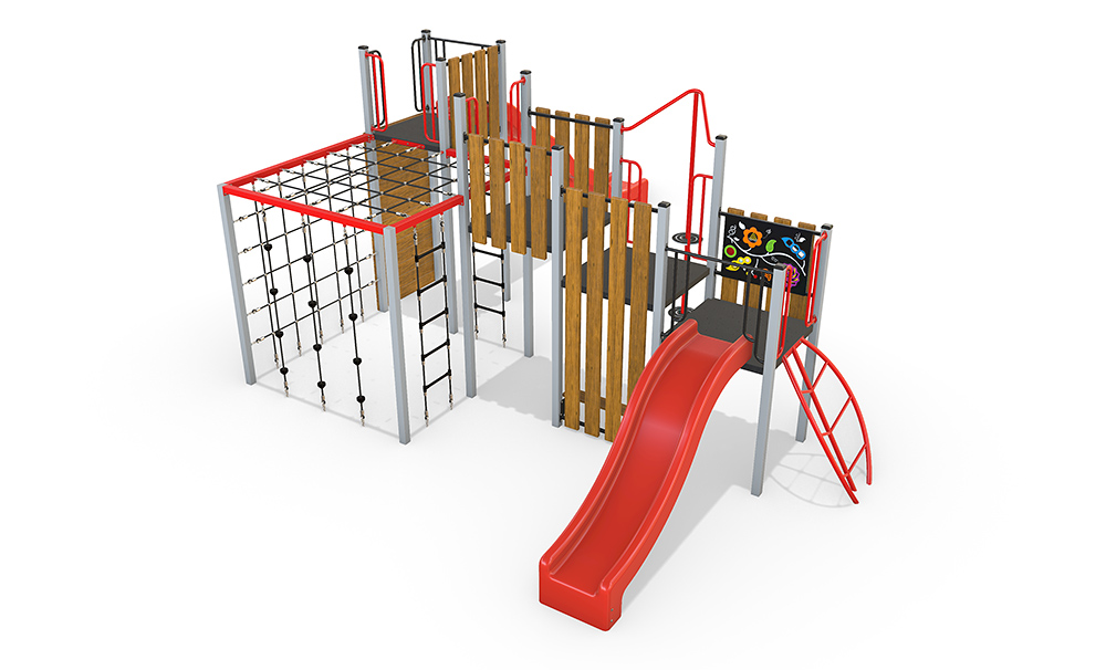 Angled view of the Munro Combination Unit highlighting rope climbing cube, upper body challenges, activity panel and slide.