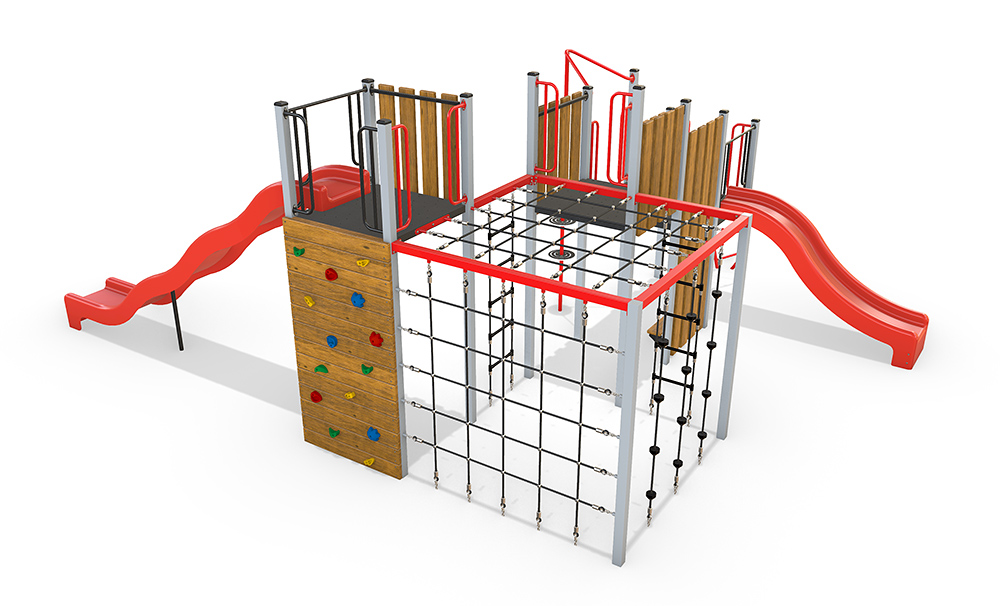 Alternate perspective of the Munro Combination Unit showcasing climbing wall, rope net structure, elevated platforms and dual slide configuration.