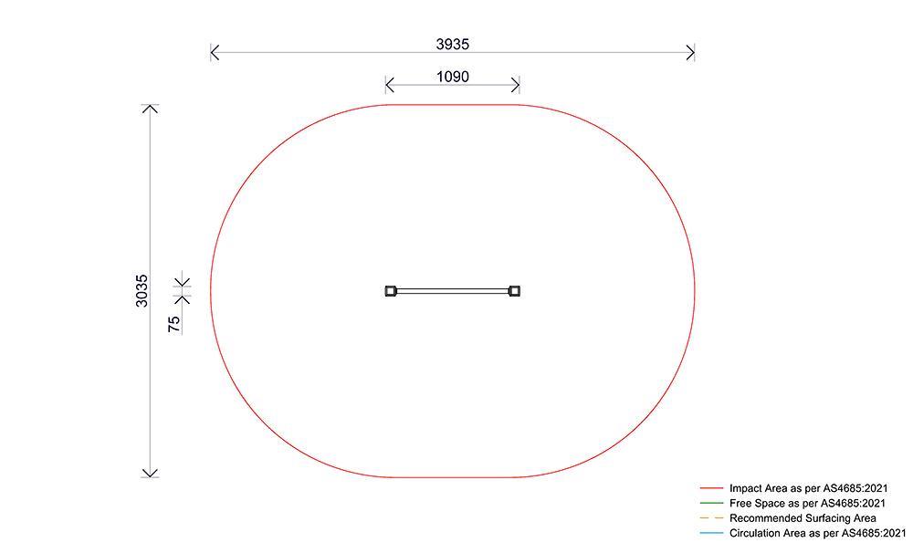 Plan view of the Roll Over Bar – Single showing footprint, bar position and required impact area.