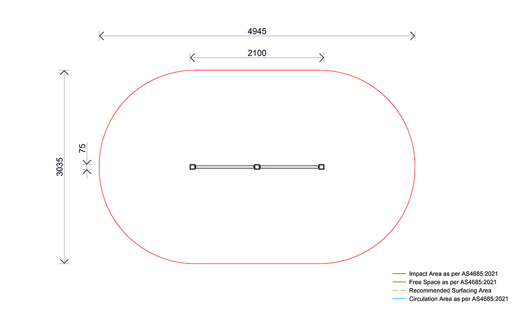 Plan view of the Roll Over Bars – Double showing bar layout, spacing and required impact area.