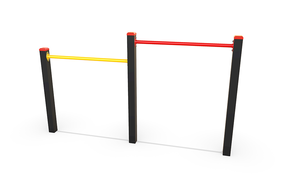 Roll Over Bars – Double featuring two freestanding steel bars at varying heights, supported by vertical posts for upper body strength and progressive skill development.