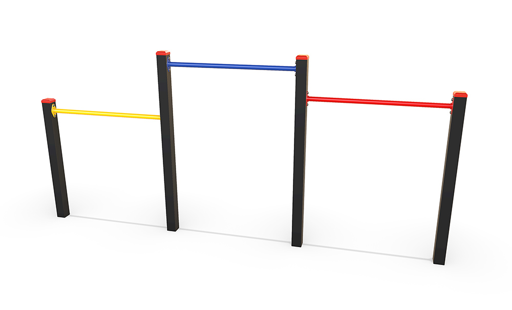 Roll Over Bars – Triple featuring three freestanding steel bars at varying heights, supported by vertical posts for upper body strength, progression and multi-user play.