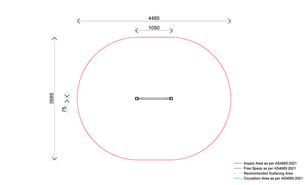 Plan view of the Chin Up Bar – Single showing bar position, spacing and required impact area.