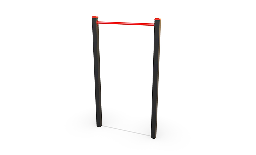 Chin Up Bar – Single featuring a freestanding steel bar supported by two vertical posts, designed for upper body strength and fitness training.
