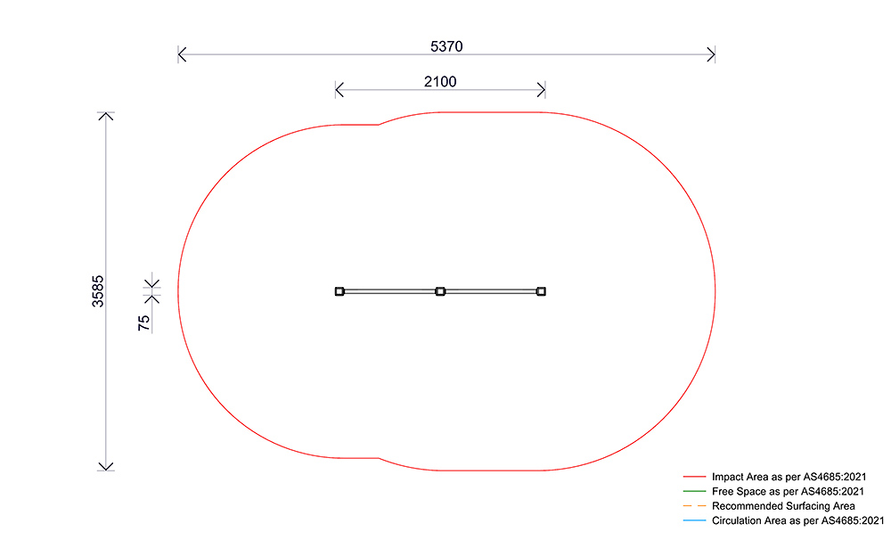 Plan view of the Chin Up Bars – Double showing bar layout, spacing and required impact area.