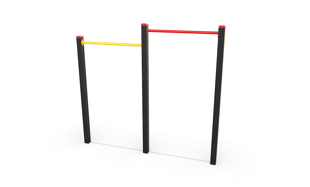 Chin Up Bars – Double featuring two freestanding steel bars at varying heights, supported by vertical posts for upper body strength, progression and multi-user fitness.