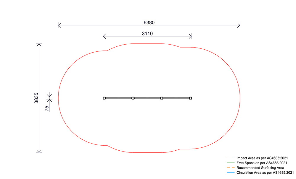 Plan view of the Chin Up Bars – Triple showing bar layout, spacing and required impact area.