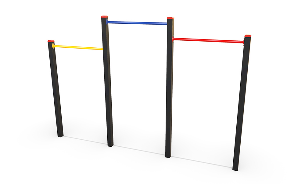 Chin Up Bars – Triple featuring three freestanding steel bars at varying heights, supported by vertical posts for upper body strength, progression and multi-user fitness.