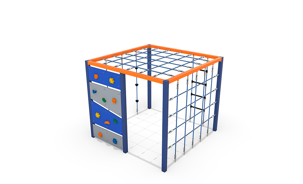 Steel and HDPE Climbing Cube 1800 with rope climbing nets, vertical ropes, HDPE climbing panels and overhead net for building strength, coordination and early climbing confidence