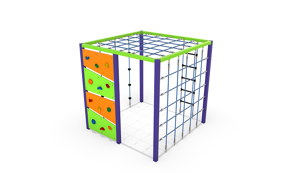 Steel and HDPE Climbing Cube 2100 with rope climbing nets, vertical ropes, HDPE climbing panels and overhead net for strength, coordination and progressive climbing challenge