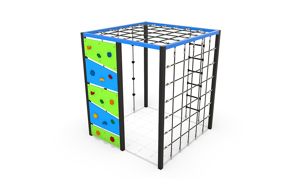 Steel and HDPE Climbing Cube 2400 with rope climbing nets, vertical ropes, HDPE climbing panels and overhead net for advanced strength, coordination and climbing progression