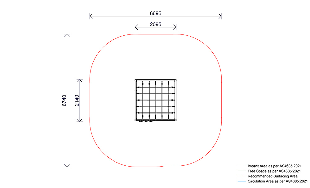 Climbing Cube 2700 plan view showing safety fall zone, impact area and dimensions in accordance with AS4685 standards