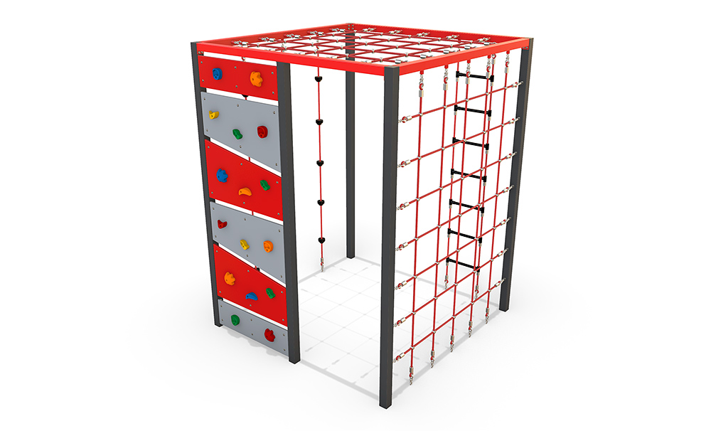 Steel and HDPE Climbing Cube 2700 with rope climbing nets, vertical ropes, HDPE climbing panels and overhead net for advanced strength, agility and high-level climbing challenge