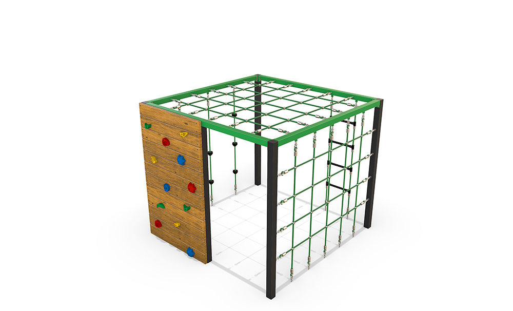 Timber Climbing Cube 1800 with rope climbing nets, vertical ropes, timber rock wall and overhead net structure for strength and coordination play