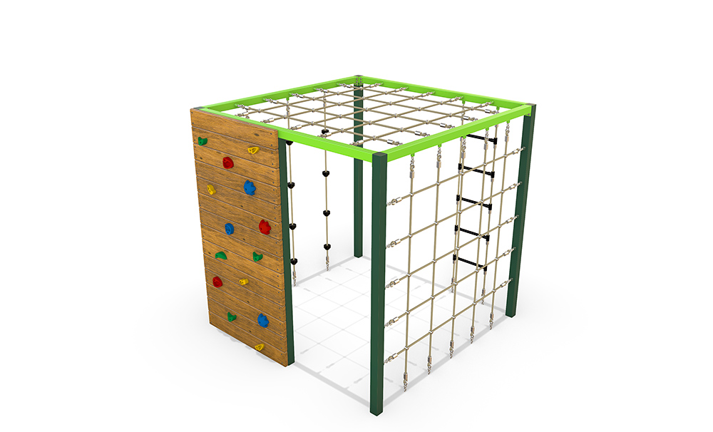 Timber Climbing Cube 2100 plan view showing safety fall zone, impact area and dimensions in compliance with AS4685 standards