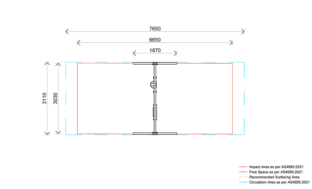 Plan view drawing of the AP7058B Steel ELC Swing showing AS4685:2021 impact area, circulation space and dimensions for the early learning steel swing set.