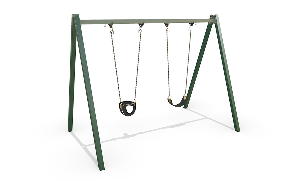 AP7058B Steel ELC Swing featuring a green Australian steel frame with two interchangeable black toddler swing seats and chain connections for early childhood play.