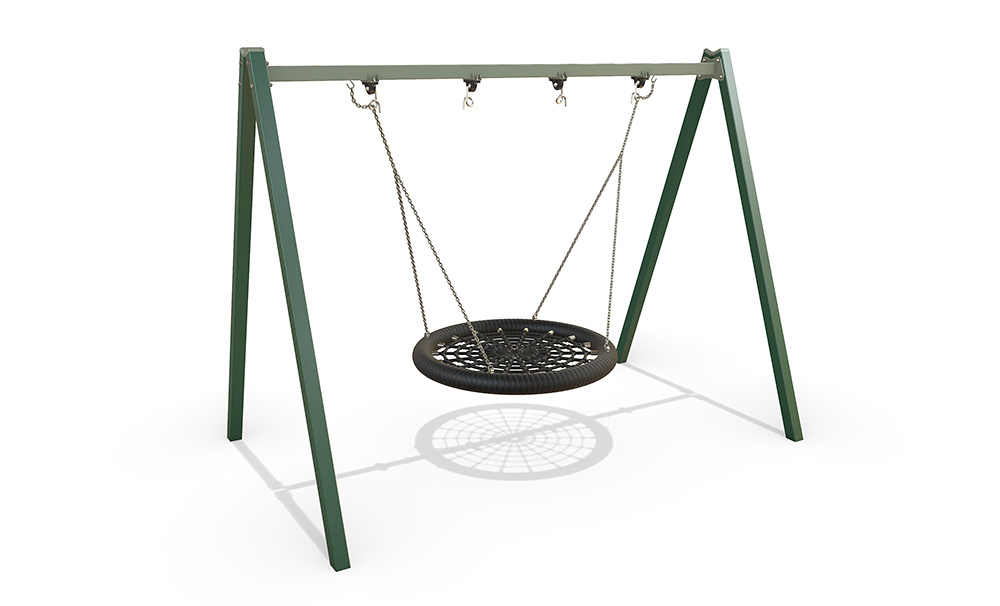 AP7058B Steel ELC Swing featuring a green Australian steel frame with two interchangeable black toddler swing seats and chain connections for early childhood play.