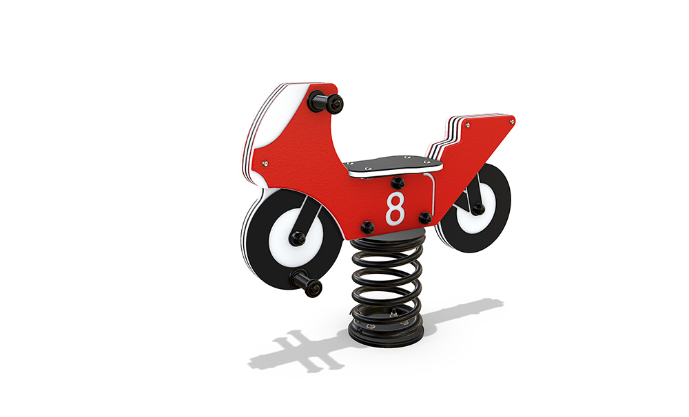 Motorbike Spring Rocker featuring a motorbike-inspired HDPE design, spring-mounted motion play and durable Australian steel construction for imaginative active play