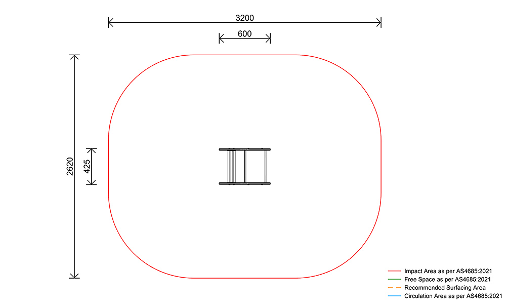 Netball Single Spring Rocker plan view showing safety fall zone, impact area and dimensions in accordance with AS4685 standards
