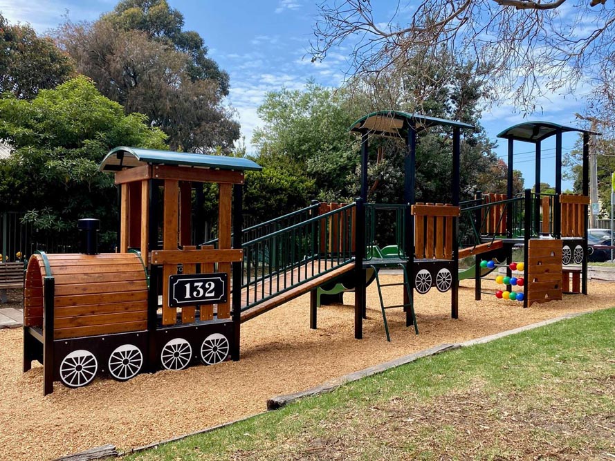 Junior Steam Train playground at Myrtle Road Reserve with locomotive carriage, slides and accessible ramp connection
